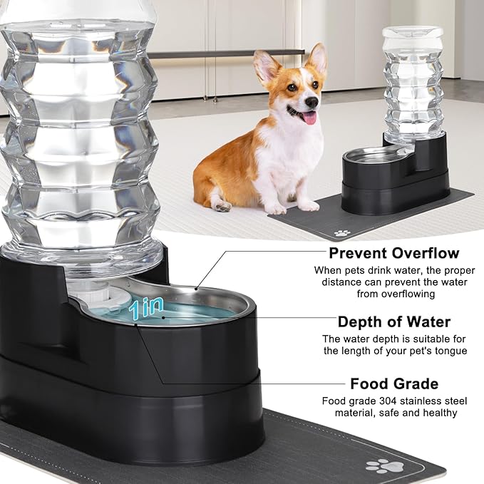 RIZZARI Large Water Dispenser for Dogs: 8L Gravity Black Automatic Stainless Steel Waterer - 100% BPA Free - Raised Pet Feeder for Pet Dogs Indoor/Outdoor