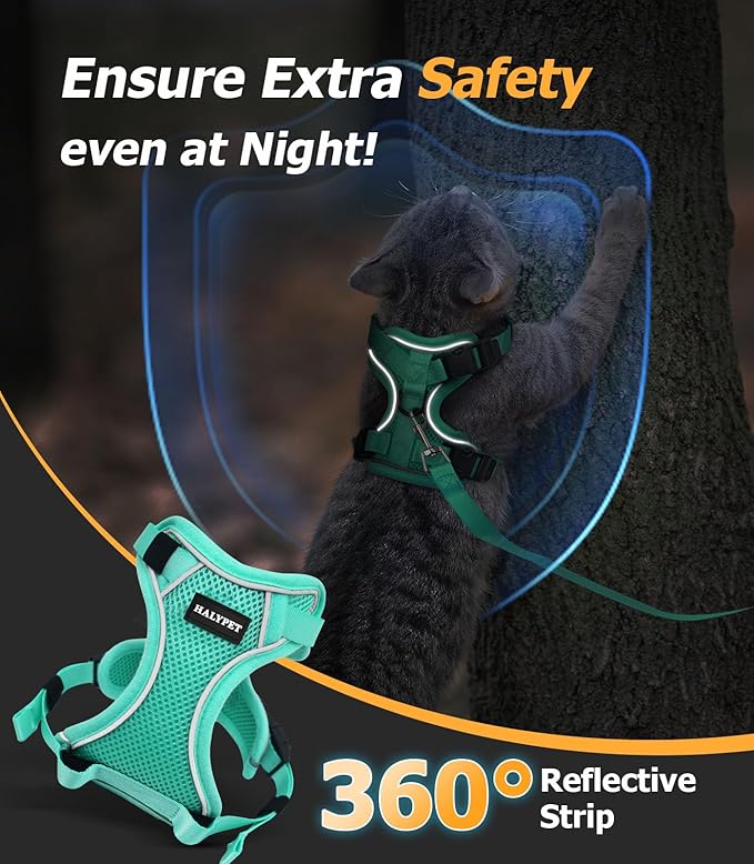 Halypet Cat Harness and Leash Set [MAX Safety 4th-Gen Upgrade] Escape Proof Adjustable Cat Leash Comfortable Soft Vest Easy to Wear Kitten Harness with Reflective Strip for Cats Walking, S Green