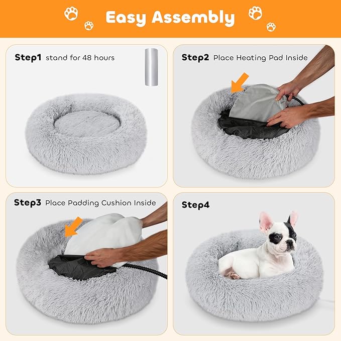 Heated Cat Bed for Indoor Cats - Fluffy 23 Inch Donut Pet Bed with Removable Heating Pad for Cats & Small Dogs, Ideal for Year Round Comfort
