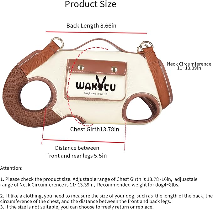 Dog Lift Harness Dog Carrier VES Harness Adjustable Leash with Small Puppy Treat Bag,Fits Most Cars,S，4-8 LBS