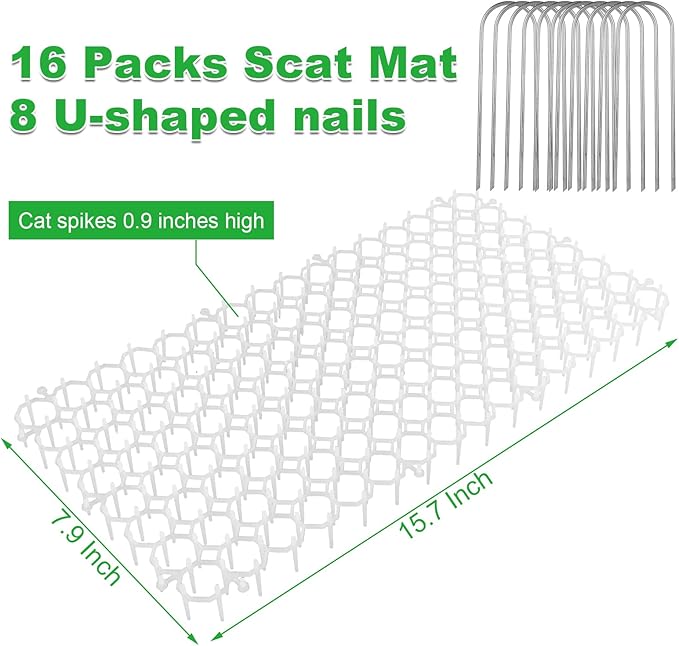 16PCS Cat Scat Mat 16x11 Cat Spike Keep Cats Out of Yard Permanently, Scat Mat with Spiked Outdoor Garden Indoor Furniture, Plastic Anti Digging for Dogs Deterrent, White Cat Deterrent for Counter