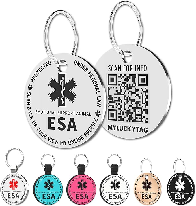 MYLUCKYTAG QR Code ESA Emotional Support Dog ID Tag - Pet Online Profile - Scan QR Receive Instant Pet Location Alert Email