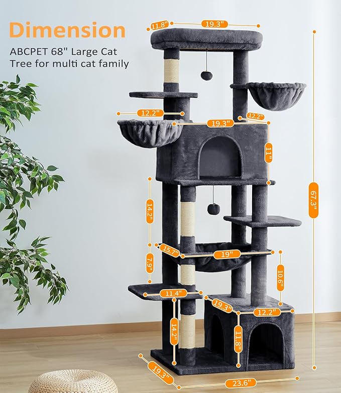 Cat Tree Large Cat Tower Tree 68" Multi-Level Cat Tower for Indoor Cats with Sisal Scratching Posts, Widen Cat Perche, Square Hammock, 2 Widen Condos, Scratching Posts, Grey