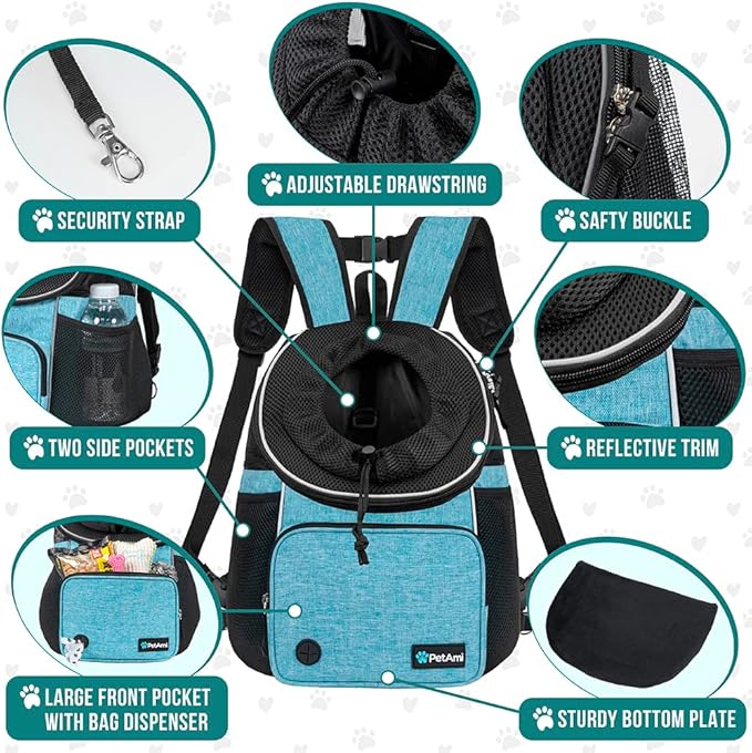 PetAmi Adjustable Cat & Dog Chest Carrier Backpack, Ventilated for Hiking & Camping, Max 15 lbs, Teal Blue
