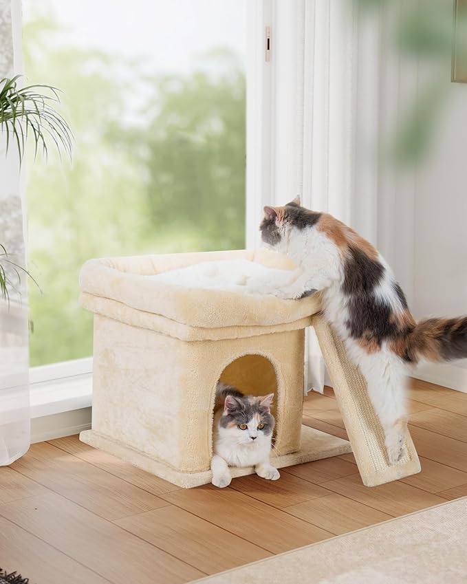 14in Cat Tree Tower with Large Perch, 20 * 16.5 Inch Top Bed for Adult Cats, Scratching Post with Bed for Kittens, Beige