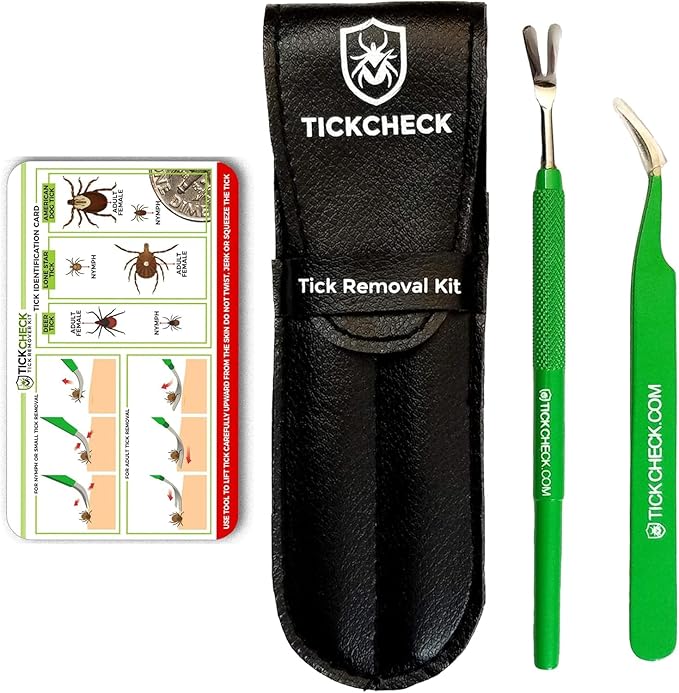 TickCheck Premium Tick Remover Kit - Stainless Steel Tick Remover + Tweezers, Leather Case, and Free Pocket Tick Identification Card (1)