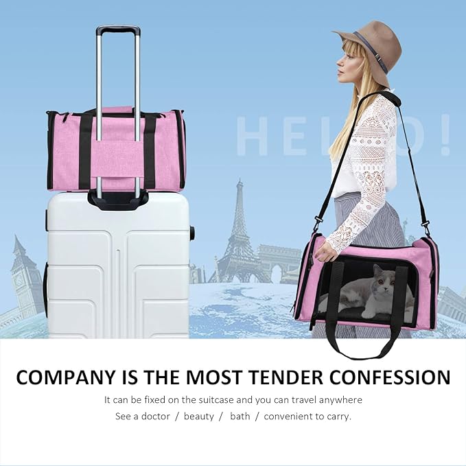 Pet Carrier for Small Medium Cats Dogs Puppies up to 15 Lbs, TSA Airline Approved, Soft Sided, Collapsible Travel - Pink
