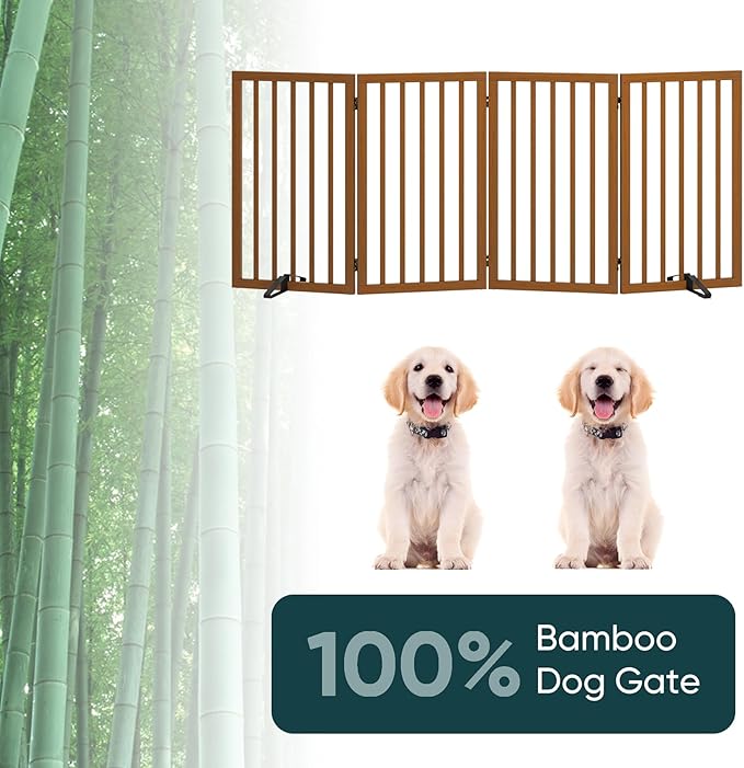 32" H Extra Tall Freestanding Dog Gates Indoor, 4-Panel Bamboo Wood Door Gates for Pets with 2 Metal Stands and 360°Hinge, Folding Pet Barrier for Stairs, Doorways, Kitchen 74" W x 32" H - Walnut