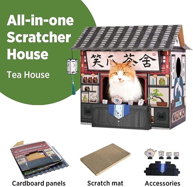 SMILE PAWS Cat Beds for Indoor Cats, Cardboard House with Scratchers, Tea House, Large Sturdy Cat Furniture Condo Cave Tent, Easy to Assemble Pet Toys Accessories Stuffs, Bunny Small Animals