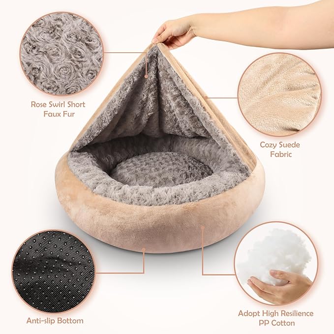 JOEJOY Small Dog Bed Cat Bed with Hooded Blanket, Cozy Cuddler Luxury Puppy Pet Bed, Donut Round Calming Anti-Anxiety Dog Burrow Cave Bed - Anti-Slip Bottom and Machine Washable 23 inch