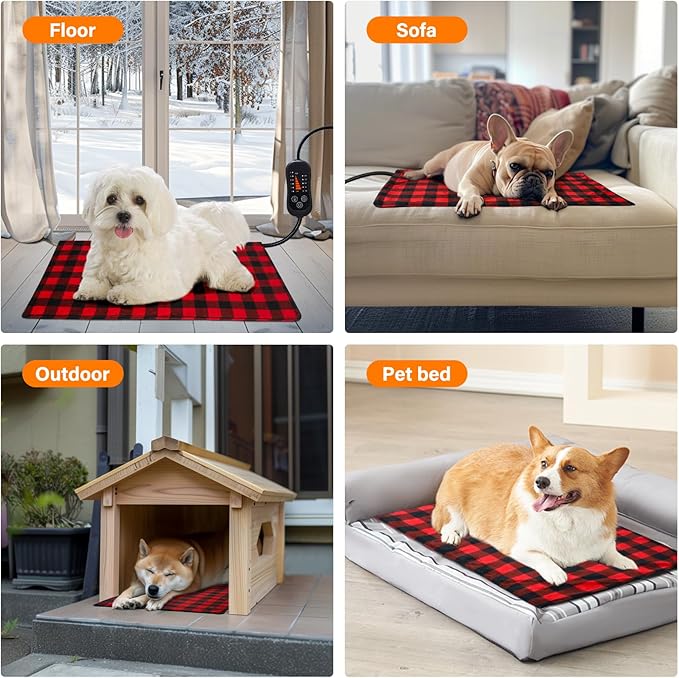 Pet Heating Pad, Adjustable Temperature Heated Dog Bed with Timer, Outdoor Waterproof Heated Pad with Anti-Chew Cord, Overheat Protection Warming Mat for Small and Medium Dogs (M:15.7"x27.6")
