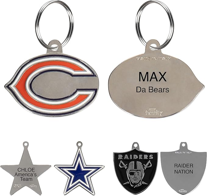 NFL Chicago Bears Engraving Pet ID Tags in 32 Team Logo Shapes Personalized Dog Tags and Cat Tags with 3 Lines of Customizable Text for Tracking & Safety. Stainless Steel Pet ID Tracking Tags