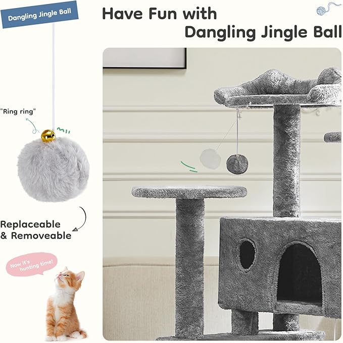 DUMOS 54-inch Indoor Cat Tree Tower –Multi-Level Pet House for Large Cats with 2 Condos, Scratching Posts, Round Platform, Small Ladder, and Toys, Light Grey