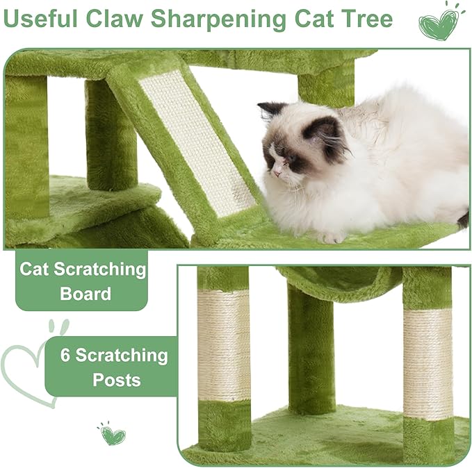 Cat Tree, 63 inch Multi-Level Cat Tower for Indoor Cats, Cat Condo with Cat Scratching Post and Board, Cat Hammock, Green GCT011GR