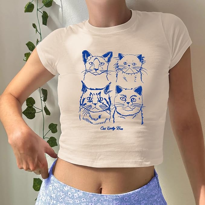 Y2k Baby Tees for Women Cute Cat Lady Era Graphic Grunge Crop Tops Vintage T Shirts Retro Aesthetic Tee Top