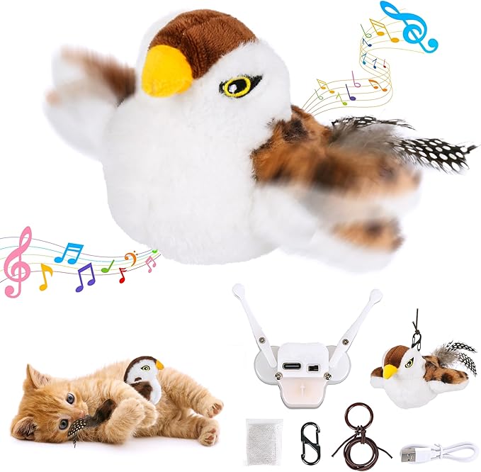 Cat Toys Flapping Bird, Lifelike Sparrow Chirp Tweet, Rechargeable Touch Activated Kitten Toy Interactive Exercise Toys for All Breeds Cat Kicker Catnip Toys, No Flying (Large 8.6 x 3.7)