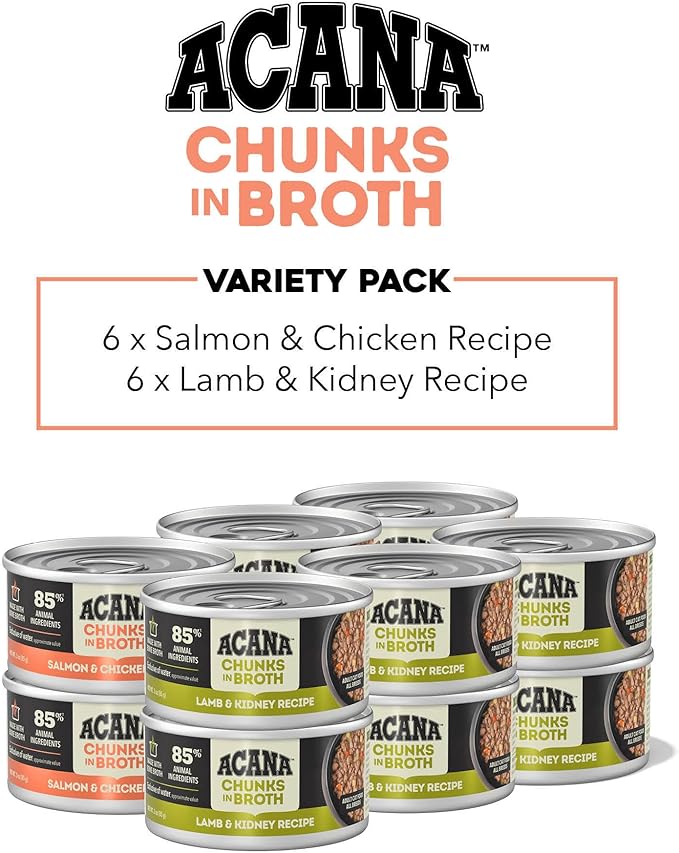 ACANA Chunks in Broth Wet Cat Food Variety Pack: Salmon & Chicken + Lamb & Kidney Recipes 3oz Cans (12 Count, 6 of Each)