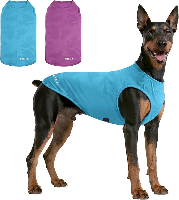 2 Pack Dog Shirts, Breathable Dog Clothes, Camouflage Printing Pet Sleeveless Vest, Stretchy Tank Top T-Shirts for Large Medium Dogs, Light Blue+Purplish Red (L)