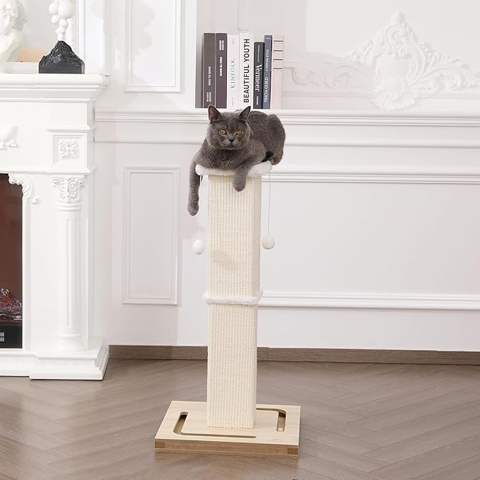 Cat Scratching Post, 32 Inches Large Cat Scratch Post for Adult Cats and Kittens, Nature Sisal,Wooden Base with Toy Balls, Modern Cat Scratcher for Indoor Cats, Protect Your Furniture, Beige