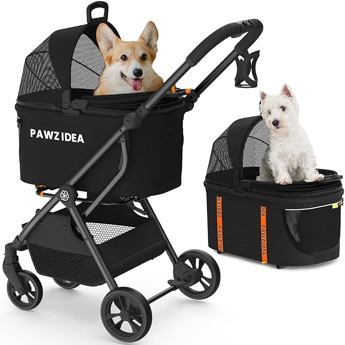 PAWZIDEA Pet Stroller 4 in 1, Dog Strollers for Small/Medium Dogs/Cats with Detachable Carrier NO-Zip Canopy, Seatbelt Puppy Car Seat Combo, Foldable & Lightweight Jogger Cat Strollers, Storage Basket