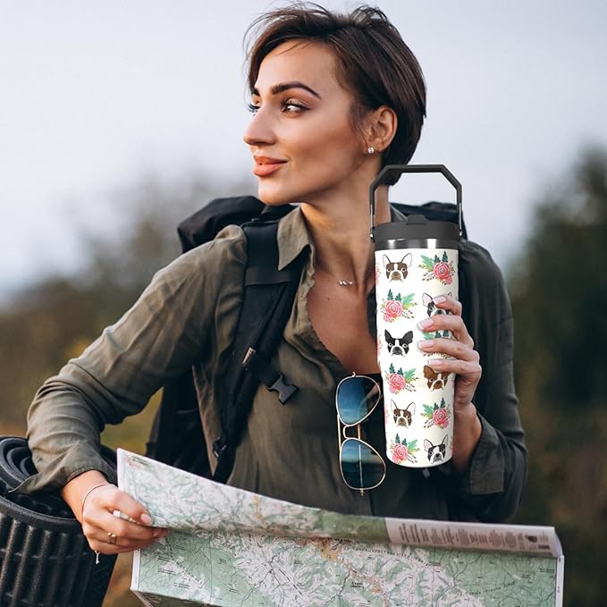 Dog Floral 30oz Tumbler with Top Handle Lid and Straw Insulated Water Bottle Travel Mug for Car Cup Office Coffe Mugs for Boy Girl Drink Hot and Cold (dogs)