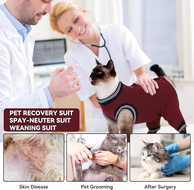 T'CHAQUE Cat Clothes Surgery Recovery Suit for Female Male, Cat Onesie Pet Surgical Pajamas Long Sleeve, Abdominal Wound Healing, E-Collar Alternative, Spay/Neuter Recovery Garment-Burgundy-L