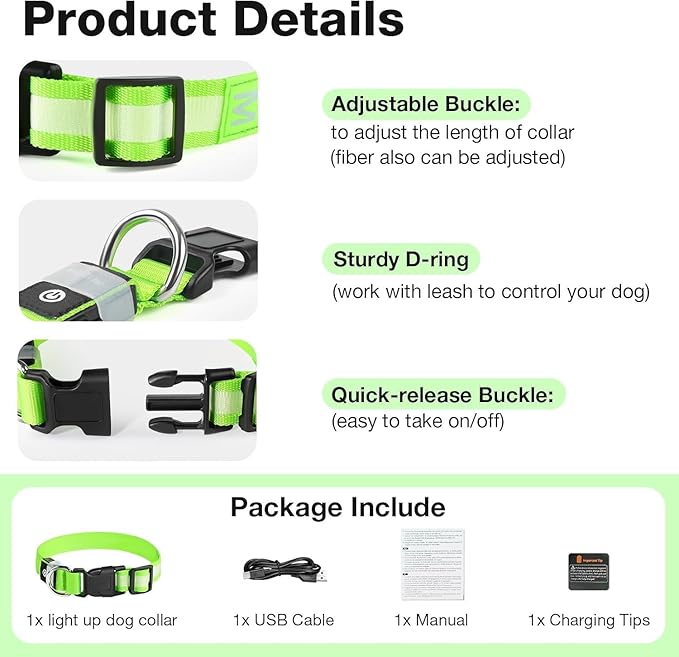 PCEoTllar Light Up Collar - Rechargeable LED Dog Collar with Automatic 7-Color Changes, Water Resistant, High Visibility, Bright Glow (Green, S)