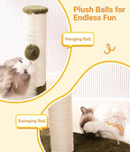 Happi N Pets 34“ Tall Cat Scratching Post for Big Cats, Natural Sisal Cat Scratchers for Indoor Cats, Heavy Duty Cat Stands Featuring with Cat Self Groomer and Hanging Toys, Free Catnip-Green