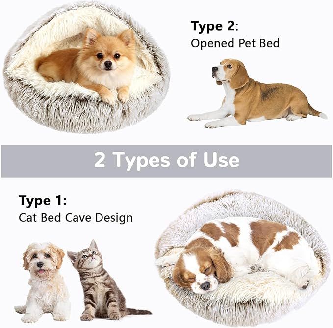 Calming Cat Beds, Fluffy Plush Round Cat Cave Washable, Cozy Warming Anti-Slip Small Dog Bed for Puppy and Kitten, Soft Anti Anxiety Pet Nest (20×20 inch, Coffee)