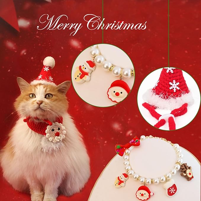 4Pcs Christmas cat Costume Accessories Set for Cats-Santa Hat, Pearl Necklace, Scarf with Gift Bag for Holiday Party Photo