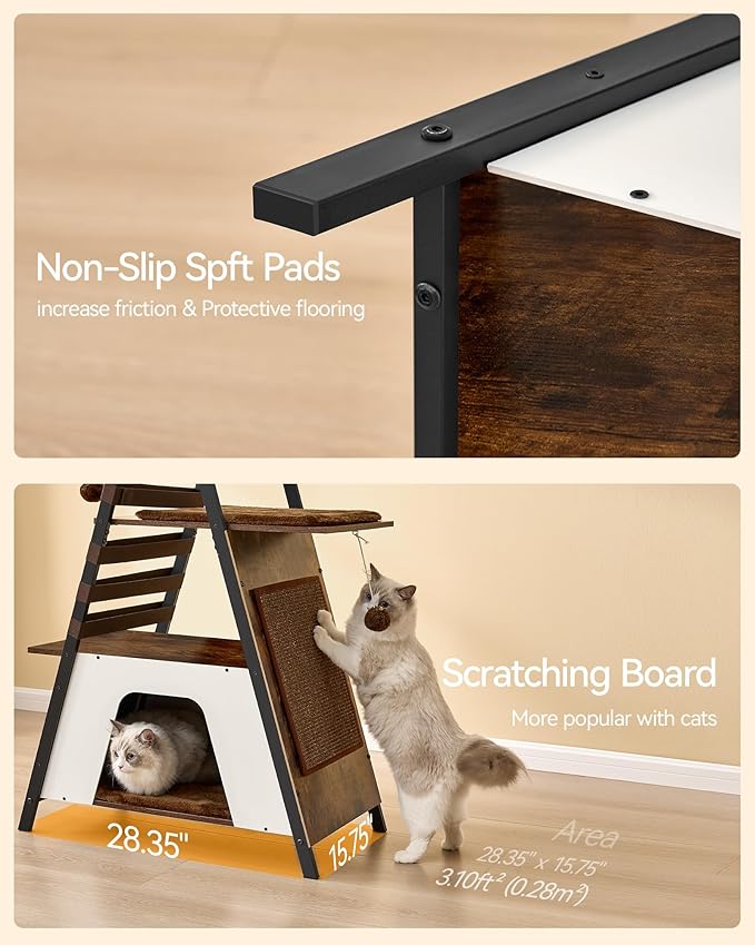 FourFurPets 72.4" Modern Cat Tower for Indoor Cats - Multi-Level Condo With Caves, Tall Tree With Scratching Board, Wooden Tower With Large Perch, Removable Pads, Rustic Brown