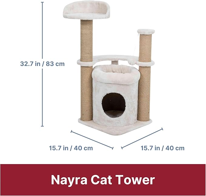 TRIXIE Nayra Cat Scratching Post 32.7 Inch - with Jute-Wrapped Post and Large Condo & Dangling Cat Toy - in Greige-Brown