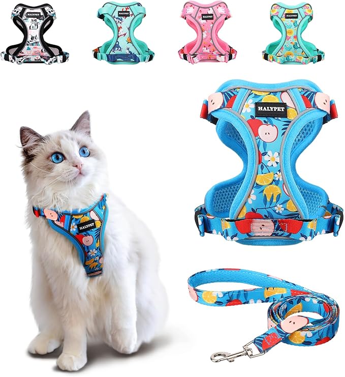 Halypet Cat Harness and Leash Set[MAX Safety 4th-Gen] Cute Escape Proof Vest Harness for Girl&Boy Cat Walking, Comfortable Adjustable Leash and Reflective Strips for Outdoor Kitten, S Azure Floral