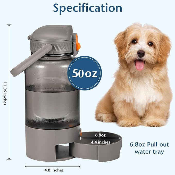 Outdoor Dog Water Bottle 50oz Leakproof Portable Pet Water Dispenser with Handle for Travel Hiking Camping Beach Trips BPA Free Must Have for Active Pets (Grey)