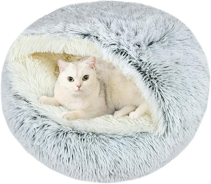 Cat Bed Round, Hooded Cat Bed Cave Fluffy Dog Beds, Cozy Donut Anti Anxiety Dog Bed for Small Dog and Cat, Gifts for Cat Lovers(20×20inch, Grey)