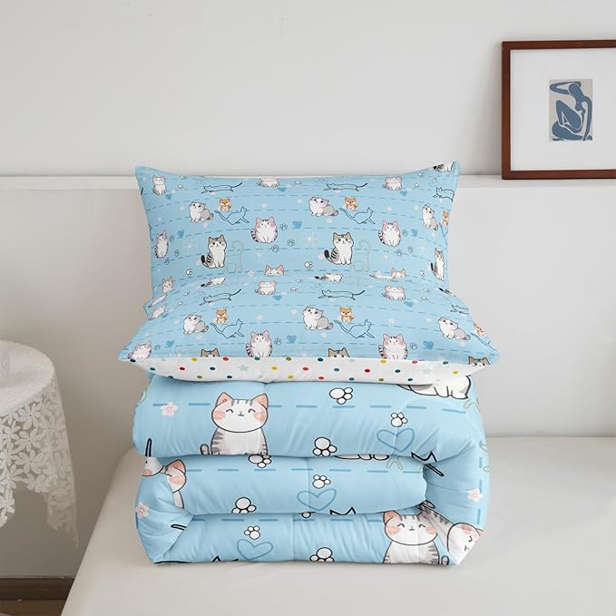 Erosebridal Cartoon Cute Bedding Twin Kawaii Cat Comforter Set for Boys Girls, Kids Kitten Down Comforter Geometric Stripe Lines Bed Set, Lovely Cat Dog Paws Quilted Duvet for Boys Girls, Blue 2pcs