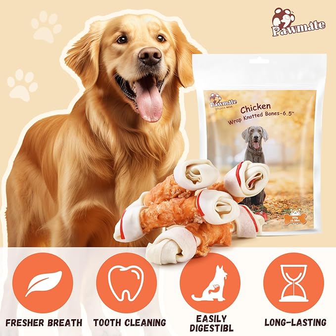 Dog Treats Large Breed, Chicken Wrapped Rawhide Bones 6.5'', Large Size Long Lasting Dog Chews with Taurine, Teeth Cleaning Training Treats Snacks for Medium Large Dogs, 4 Counts, 10.6 oz