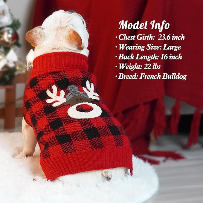 KYEESE Dog Christmas Sweater Reindeer Small Dogs Red Buffalo Check with Leash Hole Pet Sweater Dog Christmas Outfit Puppy Sweater,XS