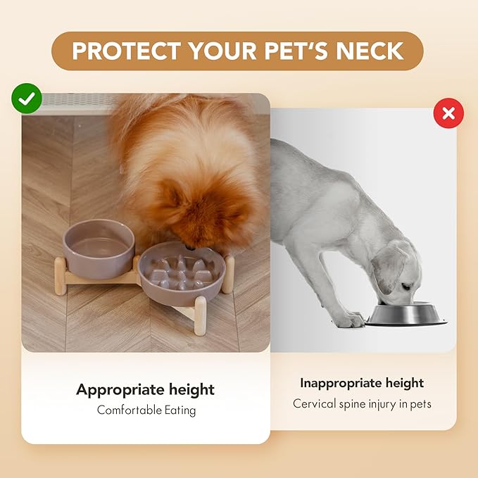 Ceramic Raised Slow Feeder Dog Bowl Set, Elevated 5.1inch Bowl and 6.1inch Slow Pet Food Dish with Wooden Stand for Small Dog and Cat (2 x Brown Coffee+ Stand)