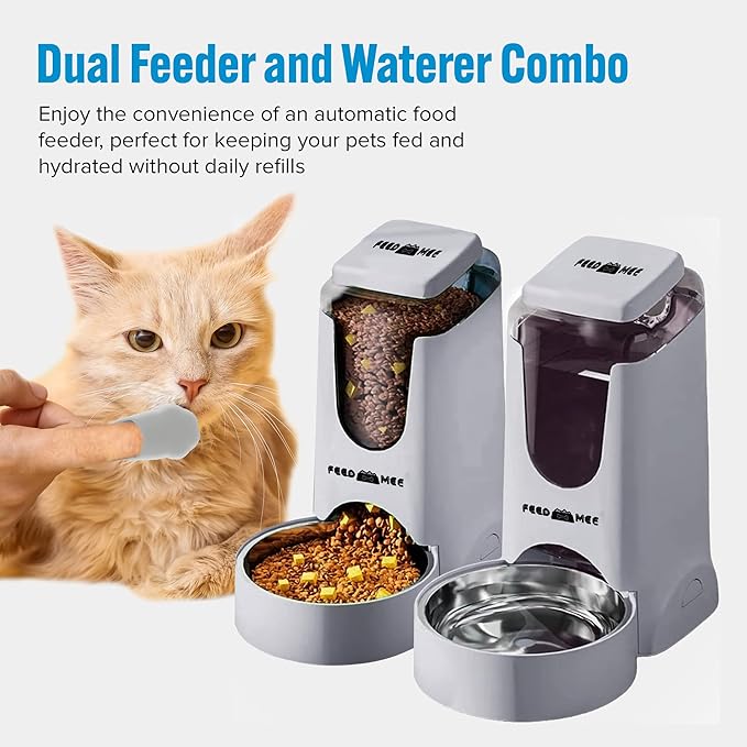 Automatic Cat Feeder Dog Water Bowl Dispenser – 2-Pack Automatic Dog Feeder with Silicone Mat, Pet Toothbrush – Safe Non-BPA Materials – Large Capacity for Small and Medium Animals Grey