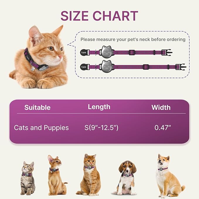 Waterproof Airtag Cat Collar, Breakaway Cat Airtag Collar with Luminous & Reflective Pattern Strap, Lightweight Kitten Collars for Apple Air tag, Hidden Holder for GPS Tracker - Cats, Kittens (9-13")