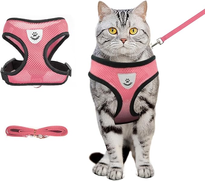 shudyear Summer cat Chest Harness and Leash, Anti-Escape Adjustable Soft mesh cat Leash and Chest Harness Set for All Types of Cats cat Vests(Size M,Pink)