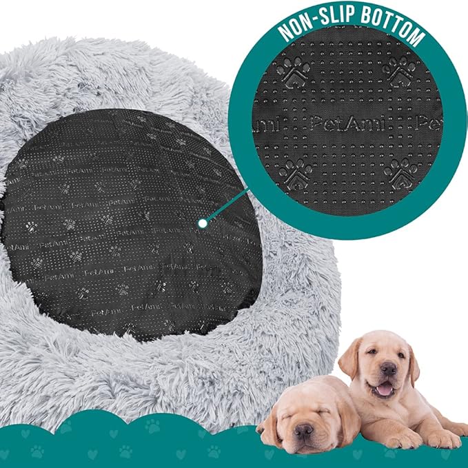 PetAmi Calming Dog Bed for Small Medium Dogs and Cats, Round Donut Washable Fluffy Faux Fur Plush Cuddler Pet Kitten Cushion, Anti-Slip, Fits up to 45 lbs, 30 inch, Light Gray