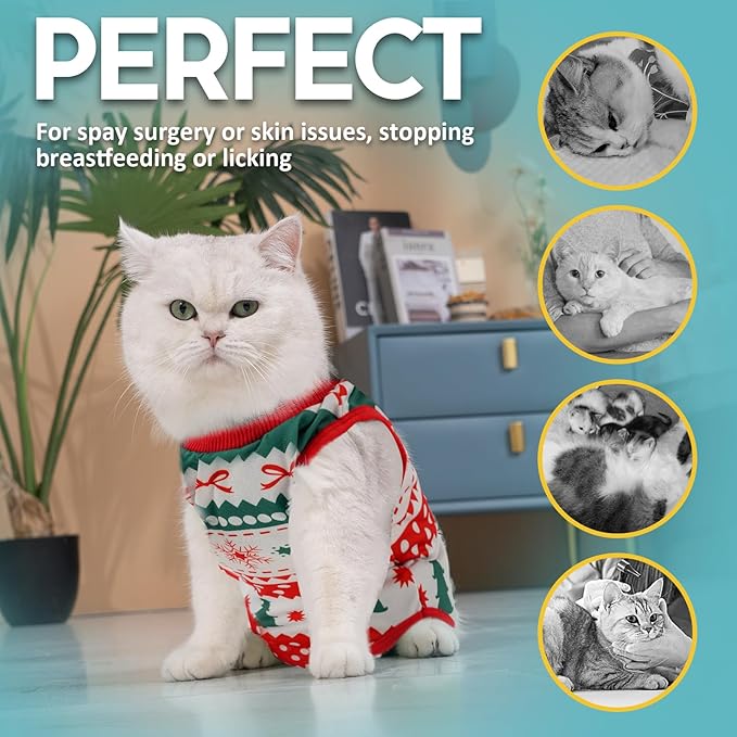 Avont Cat Recovery Suit - Kitten Onesie for Cats After Surgery, Cone of Shame Alternative Surgical Spay Suit for Female Cat, Post-Surgery or Skin Diseases Protection -Christmas(M+)