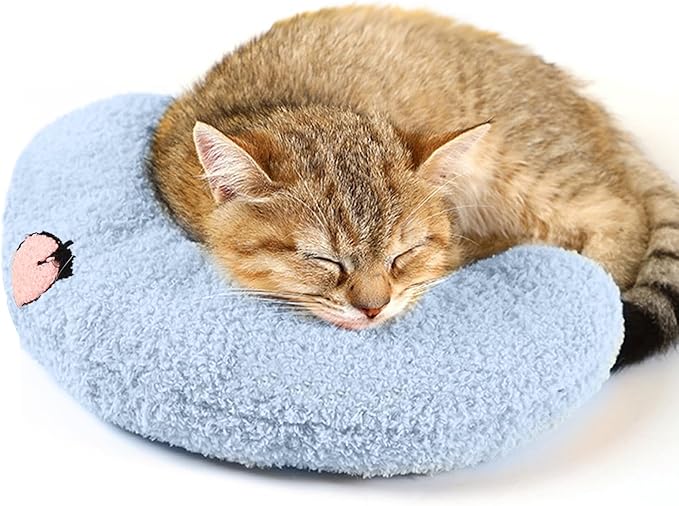 Cat Pillows for Indoor Cats, Soft Fluffy Dog Calming Pillow, Little Dog Pillows, U Shaped Half Donut Cuddler with Cute Embroidery, Washable Neck Protector Pillows for Small Dogs and Cats (blue)