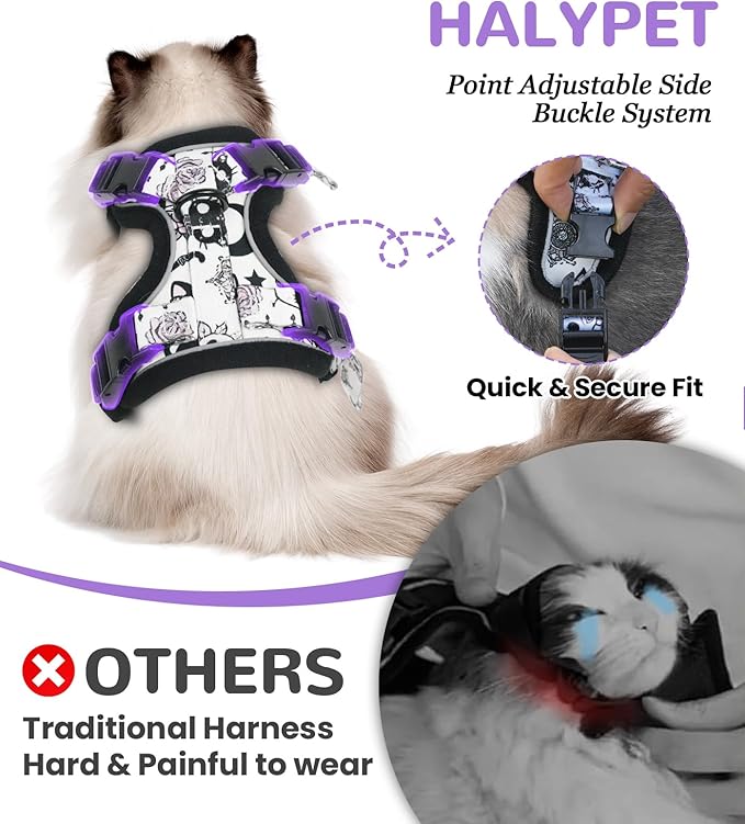Halypet Cat Harness and Leash Set for Walking, Escape Proof Adjustable Vest Harness with 3-in-1 Integrated Buckles, Easy Control Soft Breathable Mesh with Reflective Strips for Cats, M, Moonlight Meow
