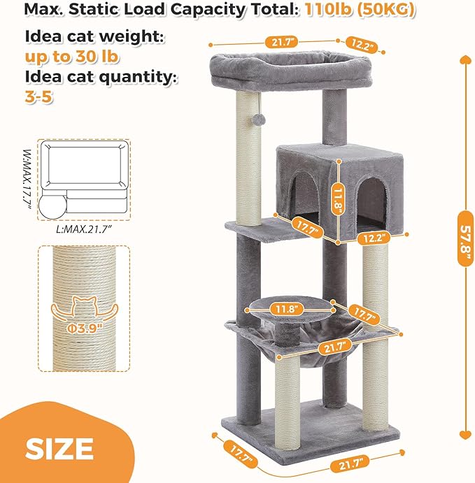 PETEPELA Cat Tree for Large Cats up to 30 lbs, 58" Heavy Duty Cat Tower with Reinforced Scratching Posts[ φ3.1”], Large Hammock, Spacious Condo & Top Perch, Sturdy Cat Furniture for Maine Coons, Grey