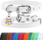 BRONZEDOG Leather Cat Collar with Removable Bells Non Breakaway Kitten QR Tag for Girl Boy (9" - 12" Cats/Mini Dogs, White & Silver)
