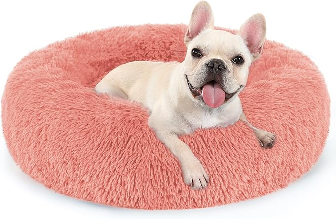 rabbitgoo Calming Dog Bed for Small Medium Dog, 27 inches Pet Bed Machine Washable, Non-Slip Round Fluffy Plush Faux Fur Dog Bed, Soft Donut Cuddler Cushion for Small Dog, Pink