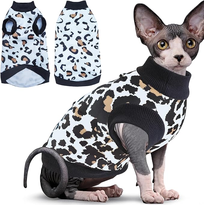 Idepet Cat Clothes Kitten Sweater Soft Kitten Shirt Cute Leopard Print Kitty Vest Pullover Pajamas Jumpsuit Cotton Apparel for Hairless Cats &Puppy (White,XS)